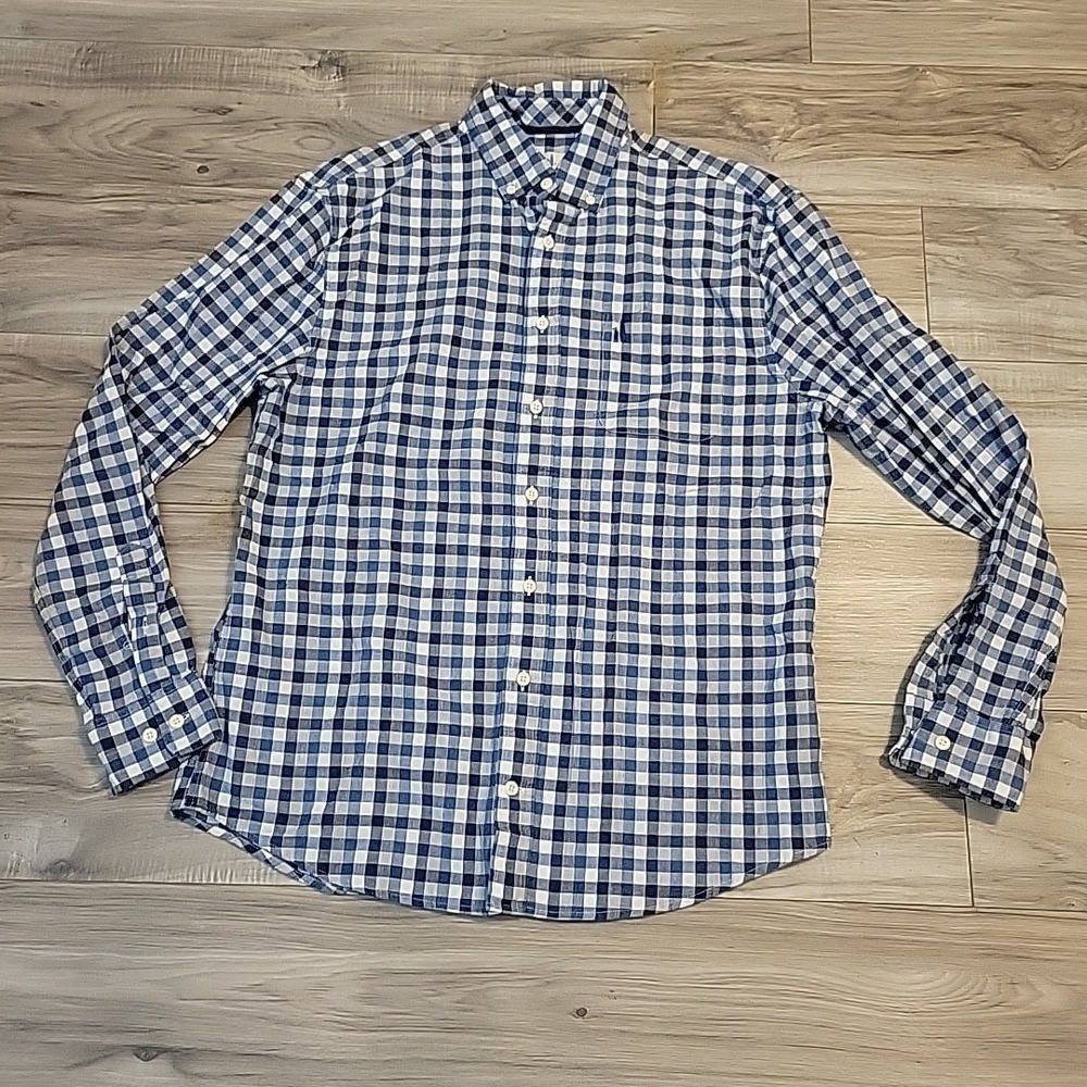 Johnnie O Shirt Mens M Blue White Check Hangin Out‎ Button Up Long Sleeve Cotton